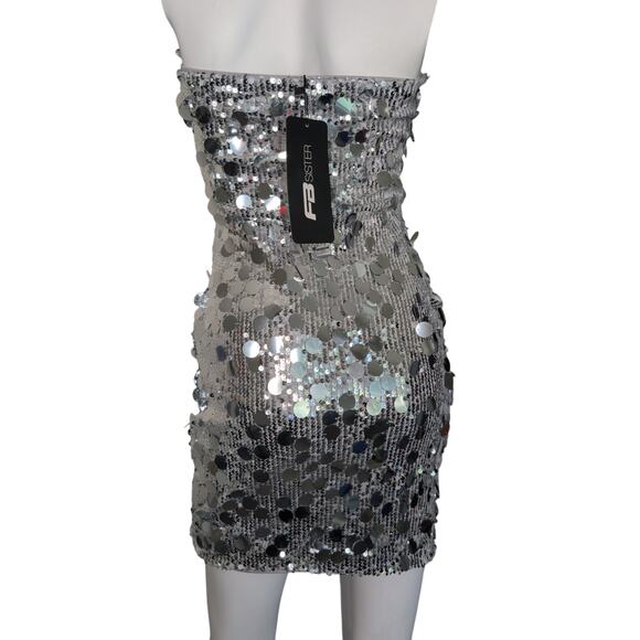 Silver Sequin Bodycon Strapless Mini Dress XS Bodycon Party Club Glam Festival - Picture 2 of 7